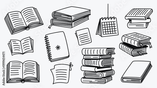 Hand Drawn Books and Calendars Line Art Doodle Set  Vector illustration