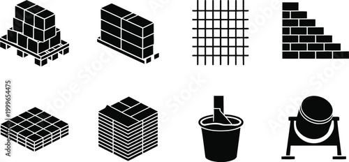 Construction Materials and Building Supplies Silhouette Icon Set Vector