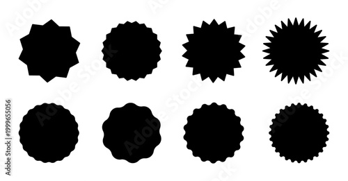 Circle stickers black set. Star burst shape tags for price, shops. Wavy promo badges. Vintage labels. Blank sale stickers, simple silhouette.