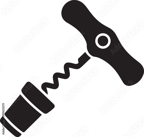 Opening wine with corkscrew spiral, balck icon silhouette vector