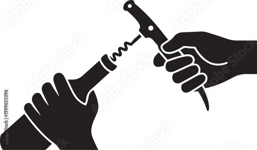 Opening wine with corkscrew spiral, balck icon silhouette vector