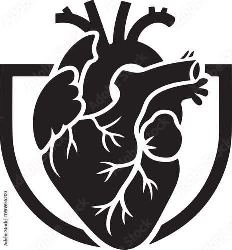 human heart isometric emblem, balck icon silhouette vector
