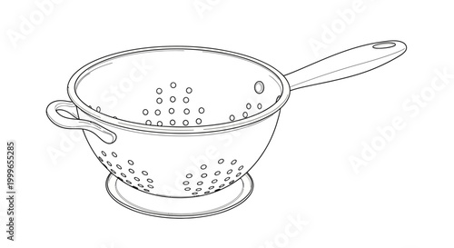 Detailed Line Art Illustration of a Kitchen Colander with Handle and Base.