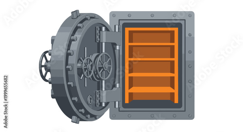 An open circular steel vault door with heavy mechanical locking mechanisms reveals empty interior shelving compartments against a plain white background with industrial gray tones.