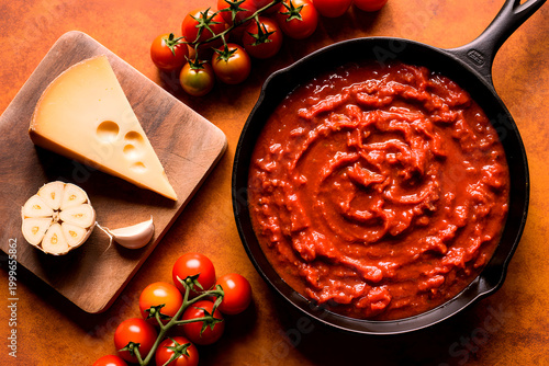 Overhead view of rustic italian ingredients: tomato sauce in skillet, cheese wedge, garlic, and
