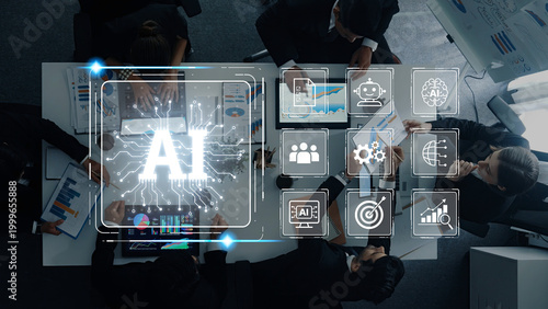 Fotografi Dynamic corporate meeting centered on artificial intelligence project, showcasing business professionals discussing data analytics and strategic insights in a modern workspace