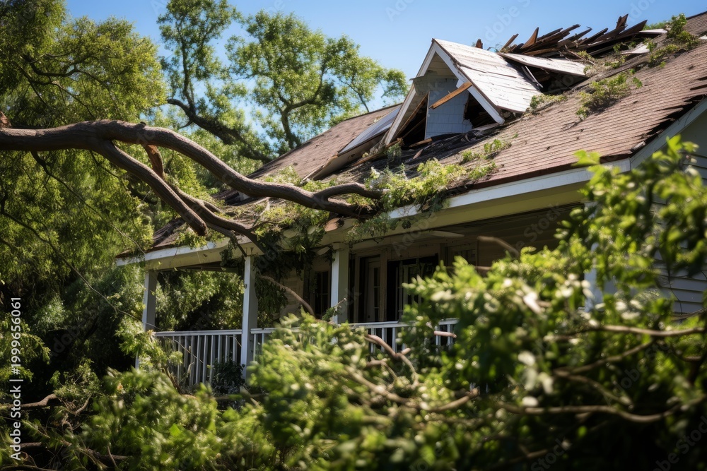 Fototapeta premium Large tree branch breaking a house roof after strong wind and severe weather