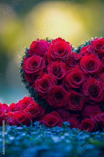 A bouquet of red roses forms a heart shape in the lush green grass, perfect for romantic occasions or as a symbol of love and appreciation vertical frame