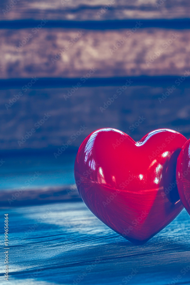 Fototapeta premium A pair of red hearts sits on a wooden table, perfect for Valentine's Day or romantic occasions vertical frame