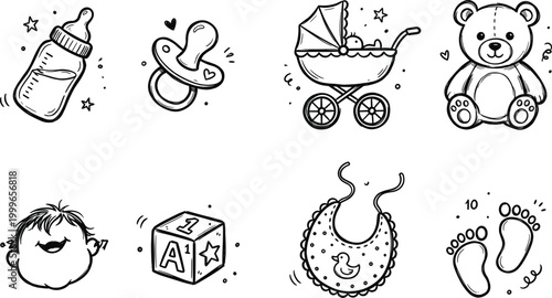 Charming black and white sketch of baby essentials bottles strollers toys and more