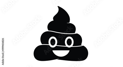 Funny smiling poop emoji character in black and white isolated on white background for humor and communication concept