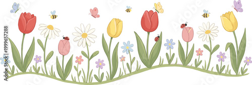 Whimsical Spring Flower Border with Tulips, Daisies, Butterflies, and Bees for Seasonal and Nature-Inspired Designs