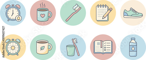 Morning Routine Icons Set with Alarm Clock, Coffee, Toothbrush, Notebook, and Running Shoes for Lifestyle and Wellness Design