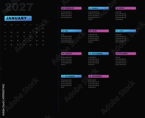 2027 calendar template, yearly planner, wall calendar design, futuristic neon glow, monthly layout, dark mode organizer, blue pink gradient, minimalist stationery, digital scheduler, event tracker.