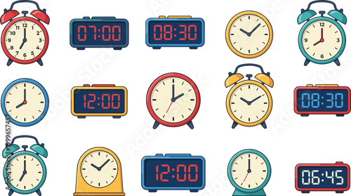 Retro Alarm Clocks and Digital Time Displays in Various Colors for Time Management and Schedule Design
