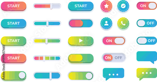Colorful UI Buttons and Toggle Switches with Gradient Effect for Websites, Apps, and Digital Interfaces Design Elements
