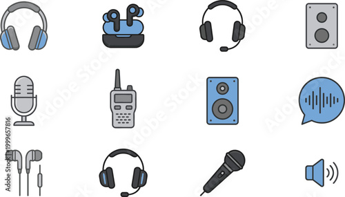 Audio Equipment Icon Set with Headphones, Earbuds, Microphone, Speakers, Walkie Talkie, and Sound Wave Symbols for Music and Communication Design