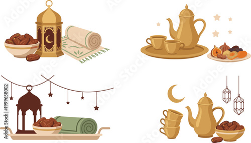Ramadan Kareem Illustration Set with Lantern, Dates, Prayer Mat, Arabic Tea, and Islamic Decorative Elements for Eid Celebration and Cultural Design