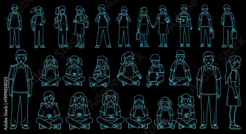 AutoCAD School Children CAD Blocks – Student Figures Front Elevation Multi View Blueprint Cyan Outline on Black Background