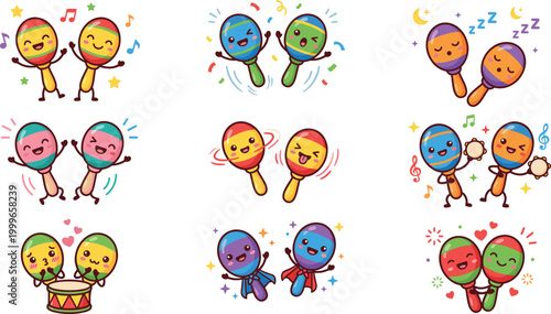 Cute Maracas Cartoon Character Set with Funny Musical Shakers, Emotions, Dancing Expressions, and Party Celebration Elements for Kids and Entertainment Designs