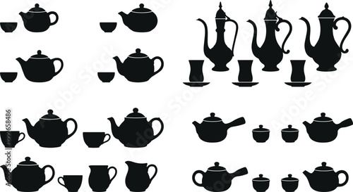 Teapot and Teacup Silhouette Collection with Traditional Tea Sets, Kettles, Cups, and Serving Pot Designs for Kitchen and Beverage Concepts