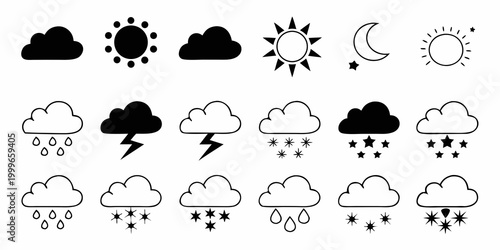weather icons set in black and white vector style