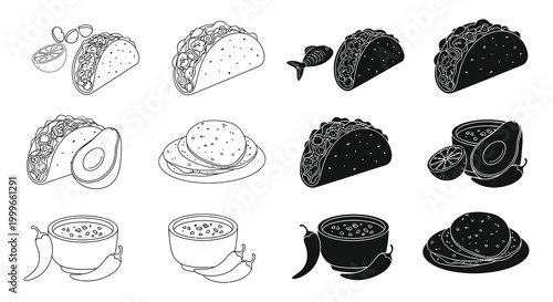 taco and mexican food items in black and white silhouette high quality professional detailed modern elegant stylish clean crisp vibrant colorful