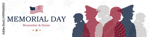 Wide patriotic web banner featuring the United States flag and stylized military personnel silhouettes on a white background with stars. Memorial Day promotions and corporate headers.