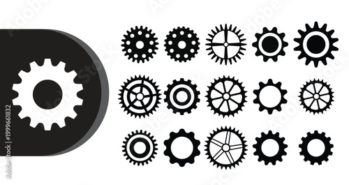 A collection of various black and white gear icons arranged on a plain white background with one gear partially hidden in a black rounded rectangle