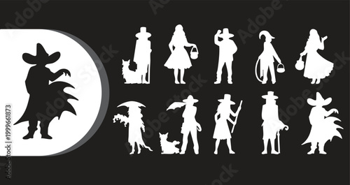 A collection of white silhouettes of people and animals on a black background with a large black silhouette on a white moon