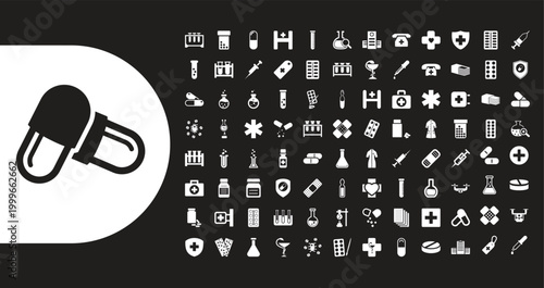 A collection of various medical icons and symbols arranged in rows on a black background with a white rounded rectangle containing a pill capsule