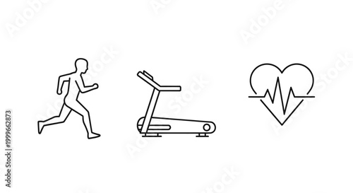 Fitness icons running human treadmill machine and heartbeat symbol concept