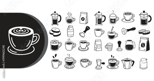A collection of various coffee and tea icons in black and white illustrations on a white background with a large cup of coffee on a black background