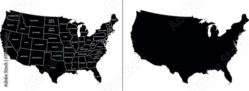 map of usa with state names and silhouette, united states of america geography outline, black administrative division borders of us territory on transparent background
