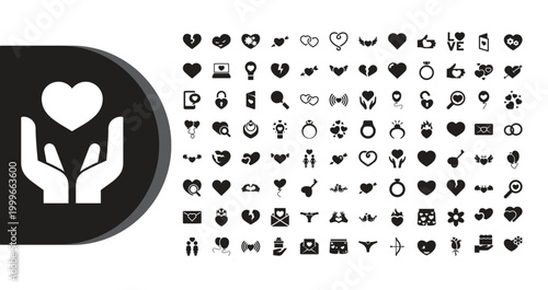 A collection of heart shaped icons and symbols on a white background with a large black and white icon of hands holding a heart