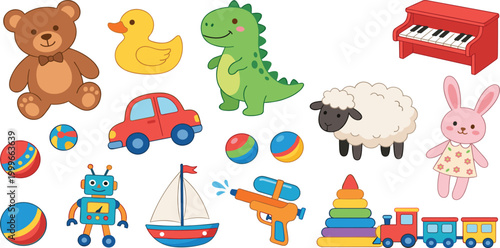 Colorful vector set of cute cartoon kids toys featuring teddy bear dinosaur robot and train