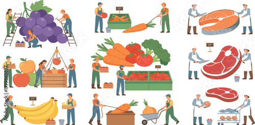 Colorful vector set of tiny workers harvesting and processing giant fruits vegetables meat and fish