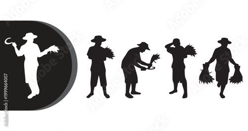 A graphic illustration of five farm workers in various poses carrying bundles of wheat or hay in silhouette against a white background