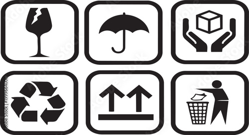 Packaging Symbols: A collection of international packaging symbols, crucial for handling and transporting goods. These icons provide clear instructions for safe and responsible product management.