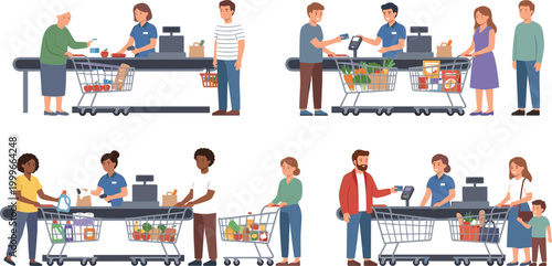 Flat vector set of diverse customers shopping and paying at grocery store checkout counters