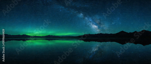 A stunning night sky featuring the Milky Way and northern lights reflected over a calm lake with silhouetted mountains.