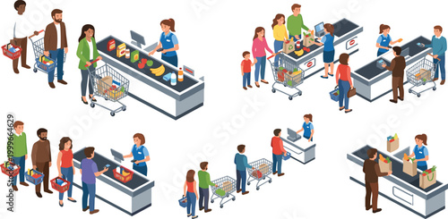 Isometric supermarket checkout set with diverse customers queuing at counters and cashiers bagging fresh groceries