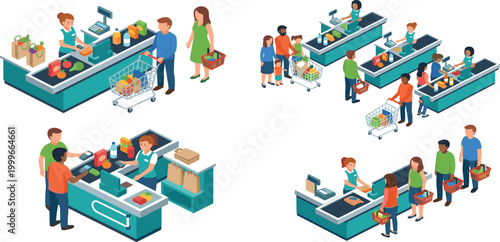 Isometric grocery store checkout set with people shopping paying at counter and diverse retail customers
