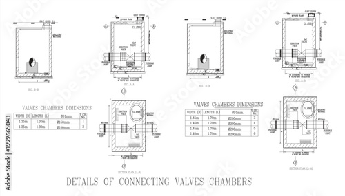 Detailed engineering drawing of connecting valves chambers with dimensions