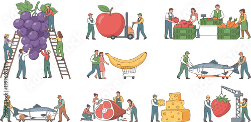 Surreal vector collection of tiny people working with giant fruits vegetables cheese meat and fish