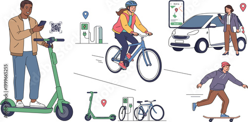 Vector set of people using smart urban mobility solutions including electric scooters bikes and carsharing