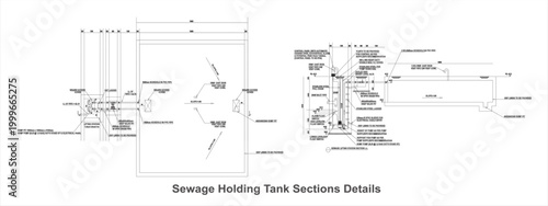 Detailed engineering drawing of sewage holding tank sections and components
