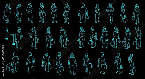 AutoCAD Busy Shopping Crowd CAD Blocks – Retail Customers Queue Bag Carrying Multi View Cyan Outline on Black Background