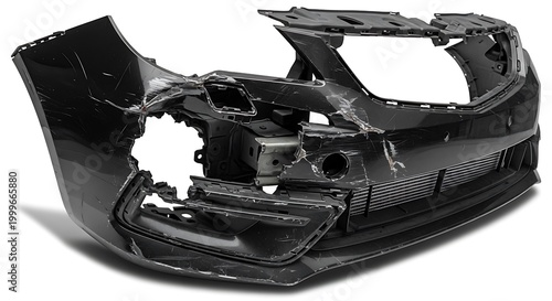 Damaged black car bumper with scratches and impact marks on white background Keywords: car