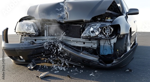 Front view of a dark gray car with extensive front-end damage and broken glass
